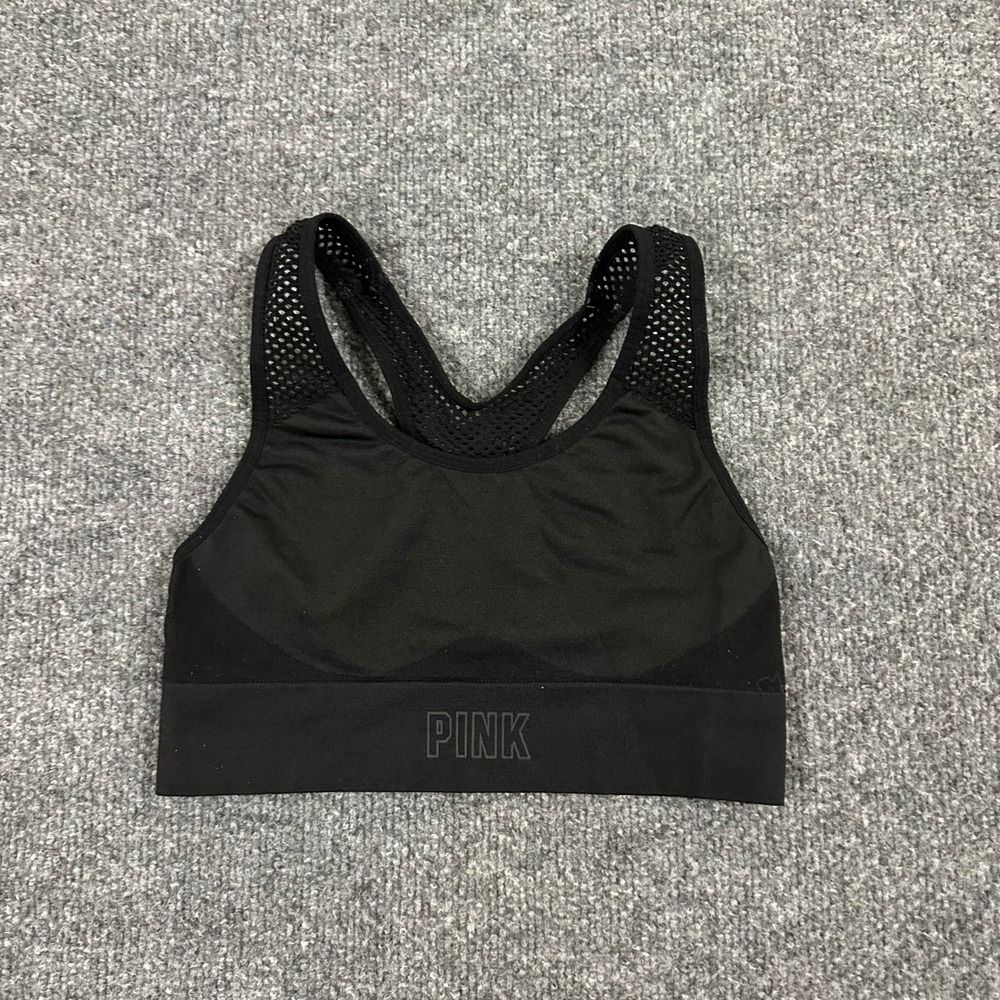 PINK Sports Bra Womens Size XS Black Racerback Mesh Athletic Stretch Logo Band
